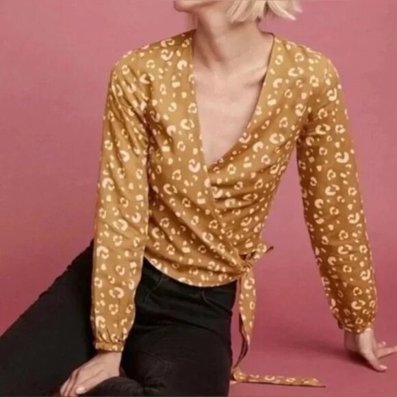 Marine Layer Tops - MARINE MAYER | Animal Leopard Print Mustard Gold Carmen Wrap Blouse Top